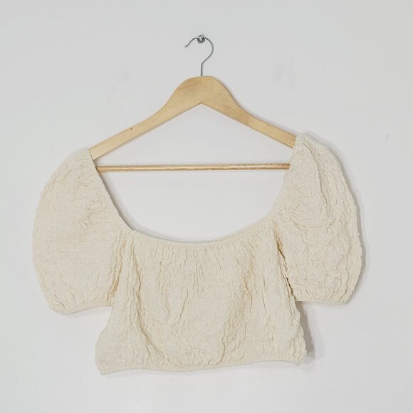 Zara Women's Cream Textured Puff Sleeve Boat Neck Smocked Crop Tops Medium NWOT - Picture 1 of 10